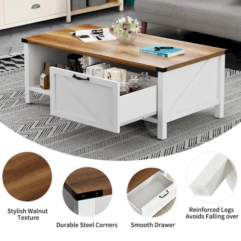 Moasis Farmhouse Coffee Table with Storage Cabinet and Open Shelf-4