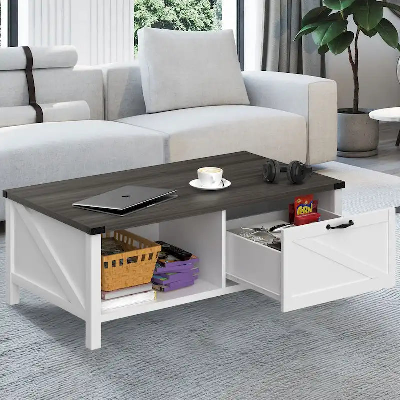 Moasis Farmhouse Coffee Table with Storage Cabinet and Open Shelf-8