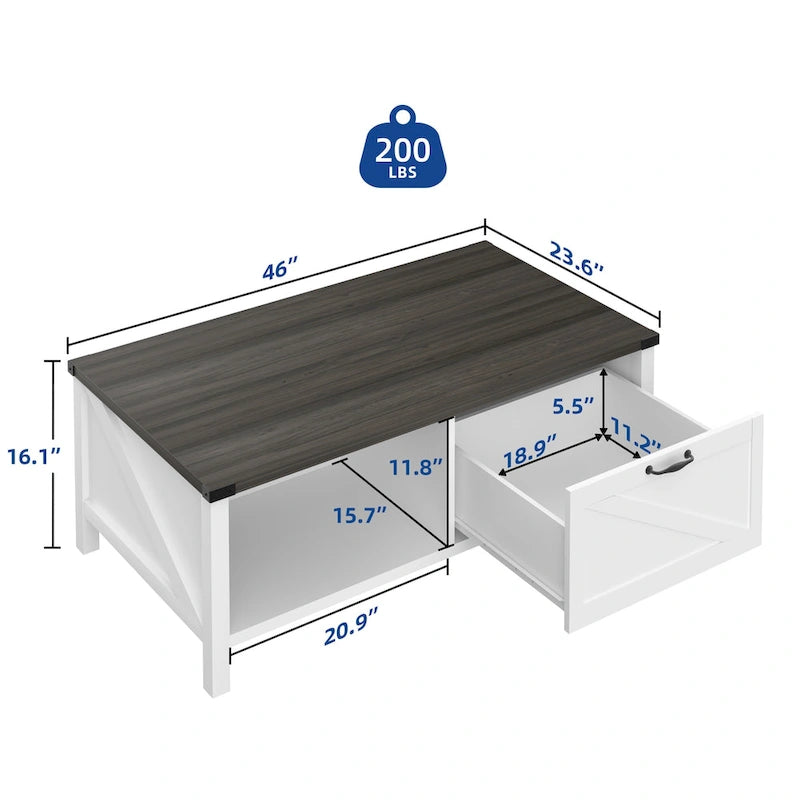 Moasis Farmhouse Coffee Table with Storage Cabinet and Open Shelf-10