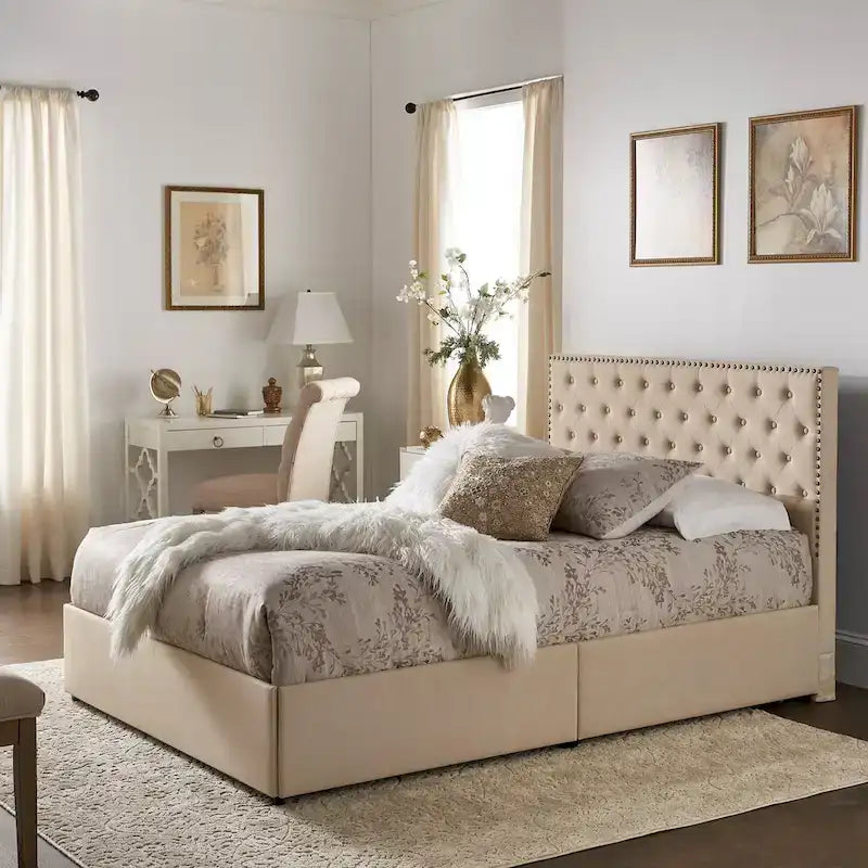 Arlert Nailhead Linen Headboard Storage Platform Bed by iNSPIRE Q Classic