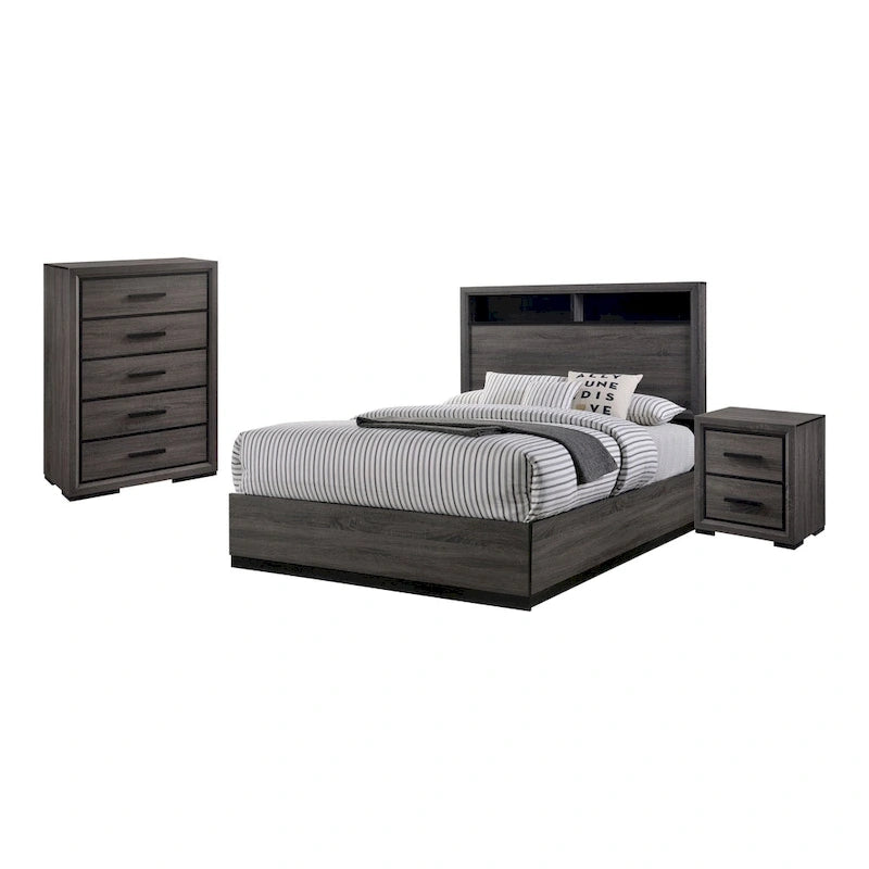 Rothwell Contemporary Grey Wood 3-Piece Panel Bedroom Set with Shelves by Furniture of America-2