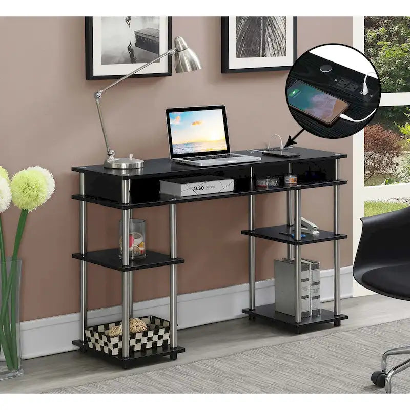 Convenience Concepts Designs2Go No Tools Student Desk with Charging Station and Shelves-5