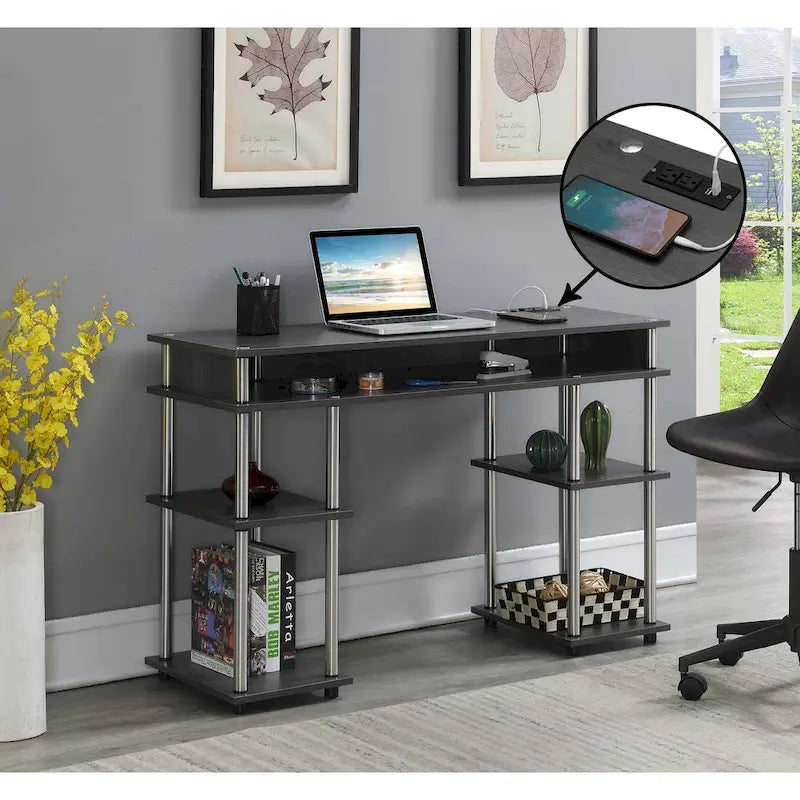 Convenience Concepts Designs2Go No Tools Student Desk with Charging Station and Shelves-9