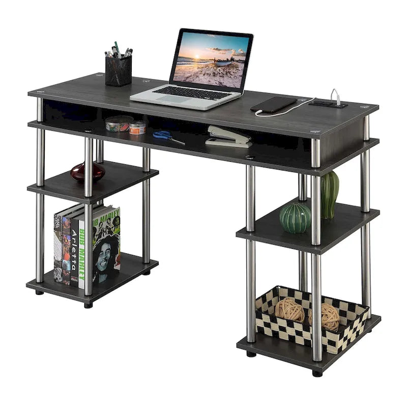 Convenience Concepts Designs2Go No Tools Student Desk with Charging Station and Shelves-11
