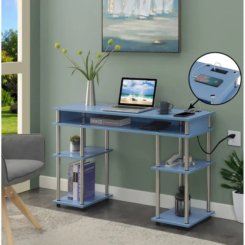Convenience Concepts Designs2Go No Tools Student Desk with Charging Station and Shelves-13