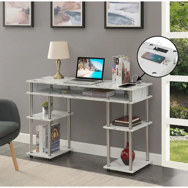 Convenience Concepts Designs2Go No Tools Student Desk with Charging Station and Shelves-21