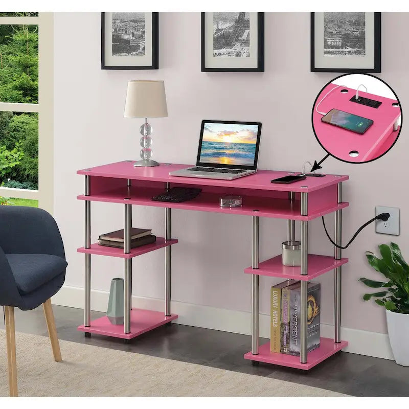 Convenience Concepts Designs2Go No Tools Student Desk with Charging Station and Shelves-29