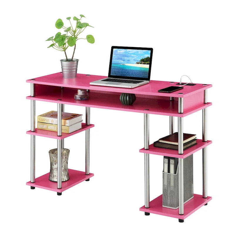 Convenience Concepts Designs2Go No Tools Student Desk with Charging Station and Shelves-30