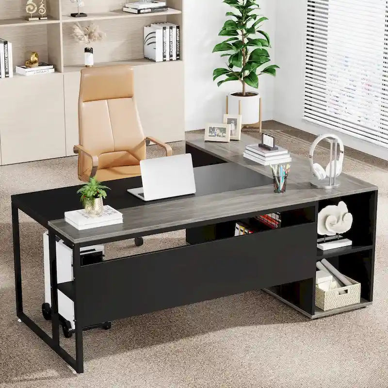 71 inch L Shaped Computer Desk with Cabinet-5