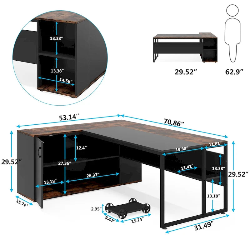 71 inch L Shaped Computer Desk with Cabinet-16