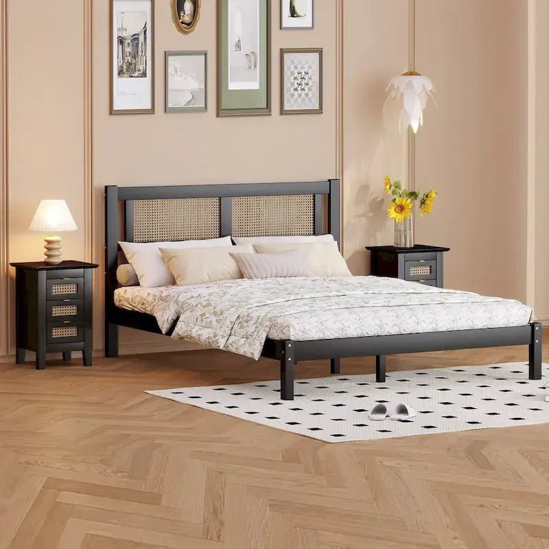 3-Pieces Bedroom Set Queen Size Wooden Platform Bed with Rattan Headboard, 2 Rattan Nightstands Surfaces & 3 Drawers, Black-2