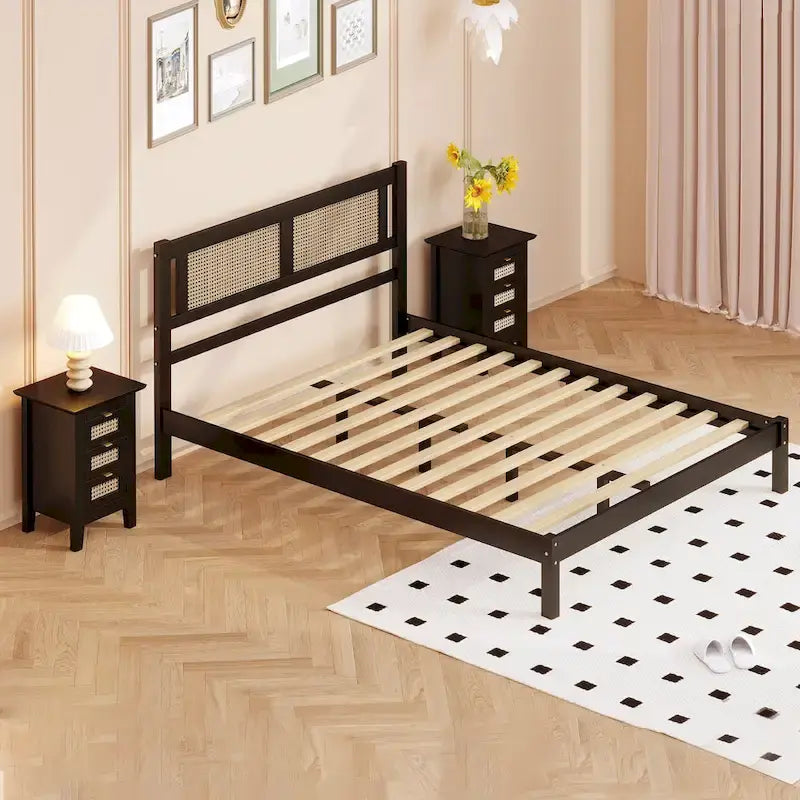 3-Pieces Bedroom Set Queen Size Wooden Platform Bed with Rattan Headboard, 2 Rattan Nightstands Surfaces & 3 Drawers, Black-3
