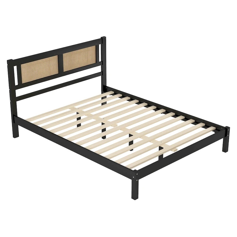 3-Pieces Bedroom Set Queen Size Wooden Platform Bed with Rattan Headboard, 2 Rattan Nightstands Surfaces & 3 Drawers, Black-6