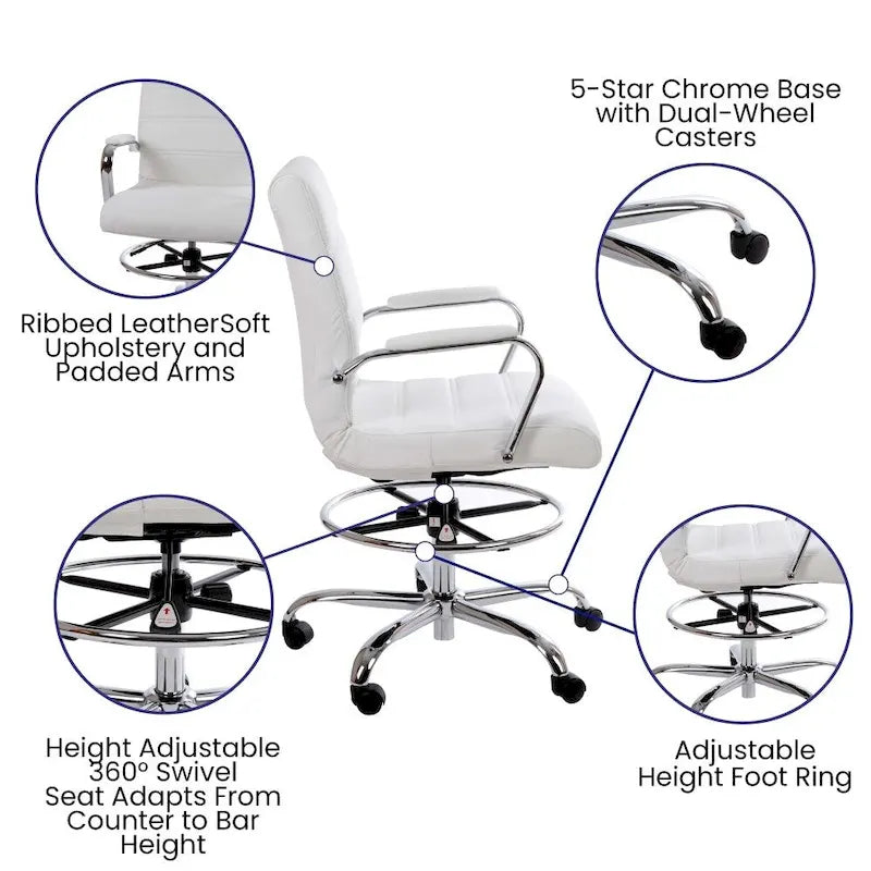 Mid-Back LeatherSoft Drafting Chair with Adjustable Foot Ring and Chrome Base-4