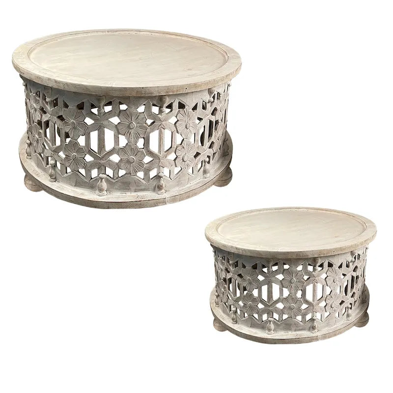 30 Inch Round 2 Piece Wood Coffee Table Set, Carved Floral Design, Antique White-2