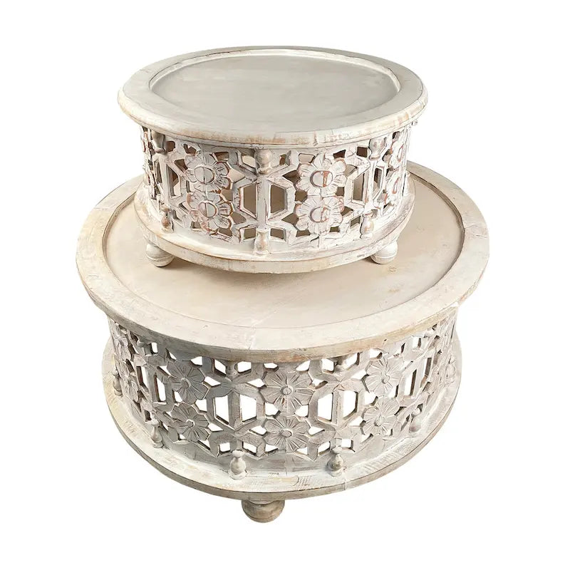 30 Inch Round 2 Piece Wood Coffee Table Set, Carved Floral Design, Antique White-3