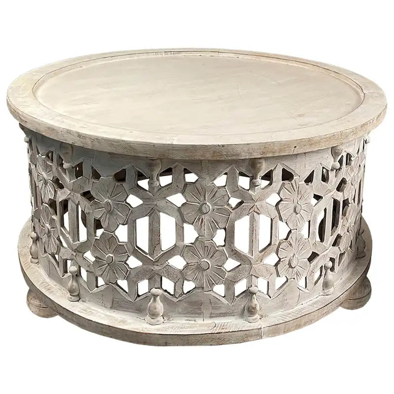 30 Inch Round 2 Piece Wood Coffee Table Set, Carved Floral Design, Antique White-4