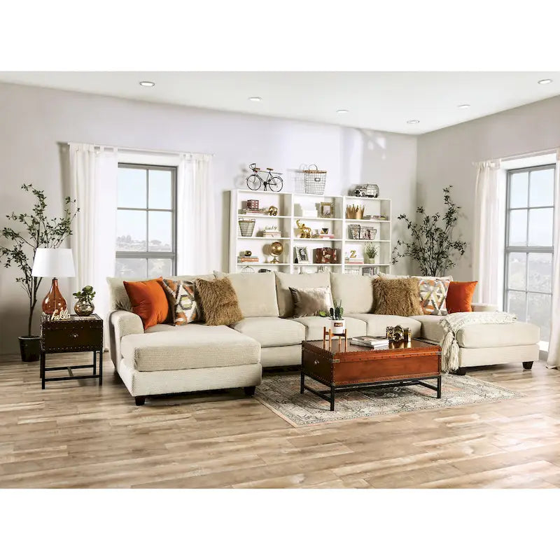Pluttnam Transitional Tan Microfiber U-Shaped Sectional by Furniture of America-2
