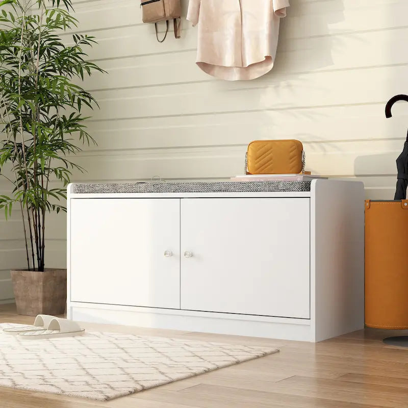 Shoe Storage Bench Storage Entryway Bench Door Cabinet Cushioned-12