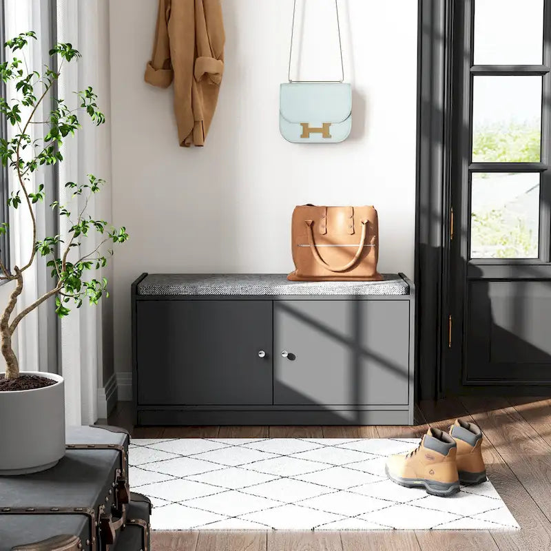 Shoe Storage Bench Storage Entryway Bench Door Cabinet Cushioned-19