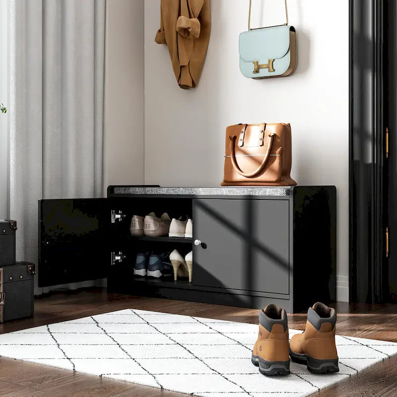 Shoe Storage Bench Storage Entryway Bench Door Cabinet Cushioned-21