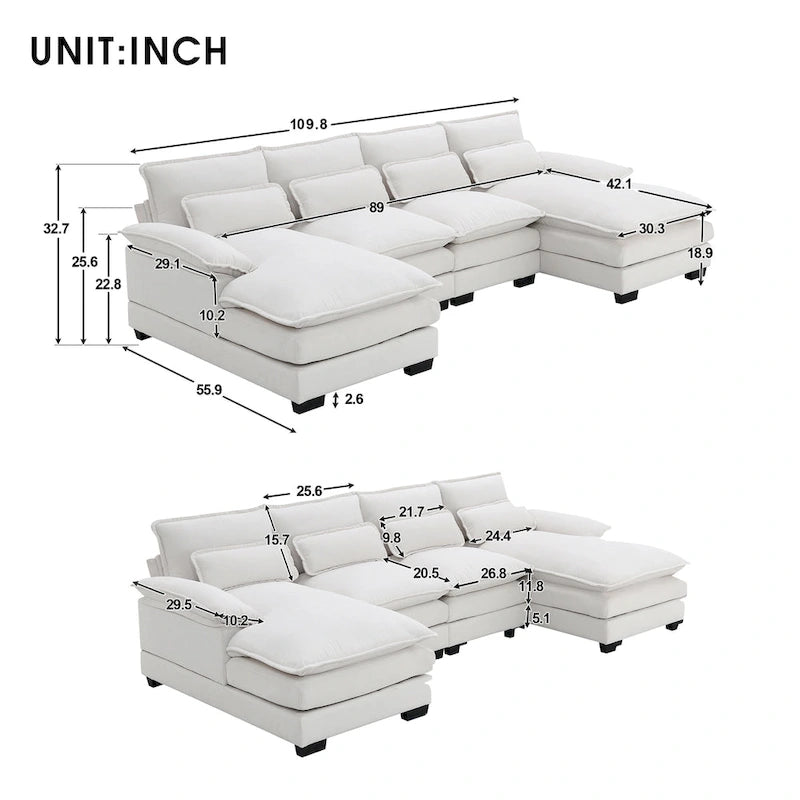 [VIDEO provided][New]109.8*55.9 Modern U-shaped Sectional Sofa with Waist Pillows,6-seat Upholstered Symmetrical Sofa Furniture-21