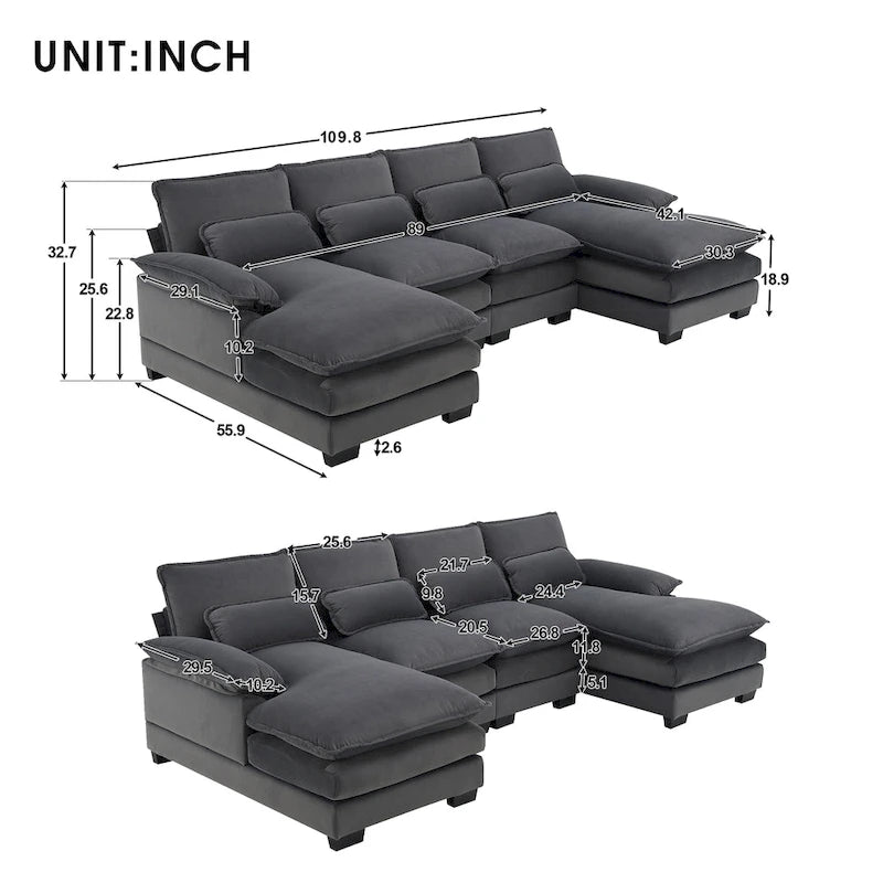 [VIDEO provided][New]109.8*55.9 Modern U-shaped Sectional Sofa with Waist Pillows,6-seat Upholstered Symmetrical Sofa Furniture-25