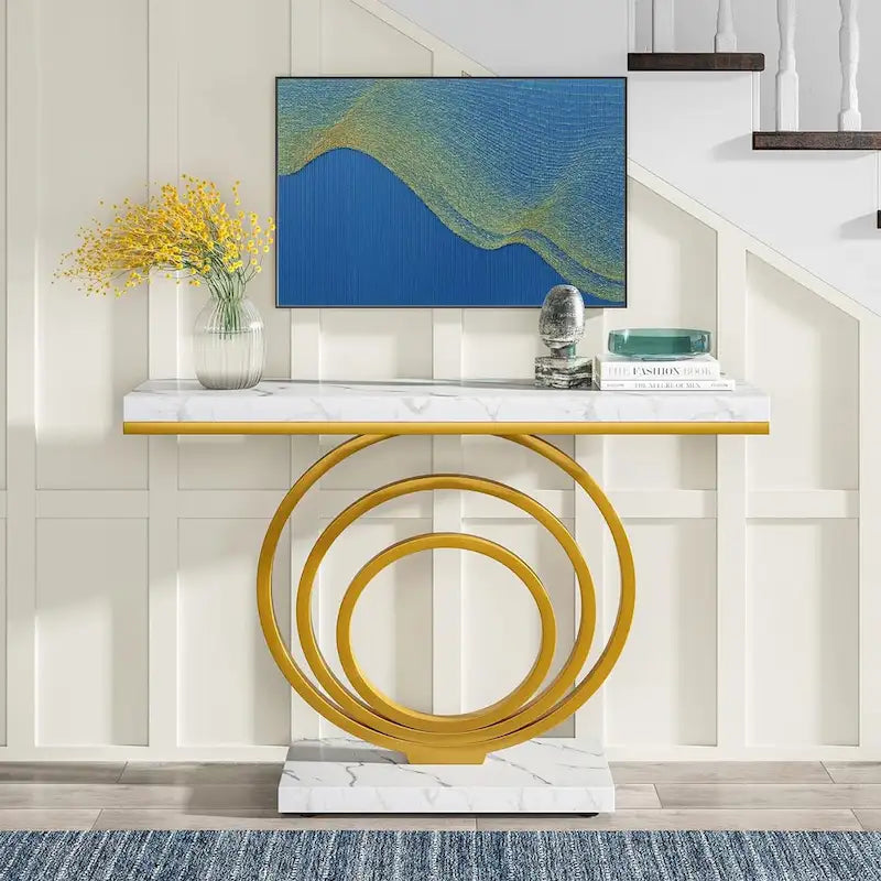 41-Inch Gold Entryway Table, Modern Console Table Accent Table for Living Room, Hallway, Entrance, Faux Marble Veener Top-4