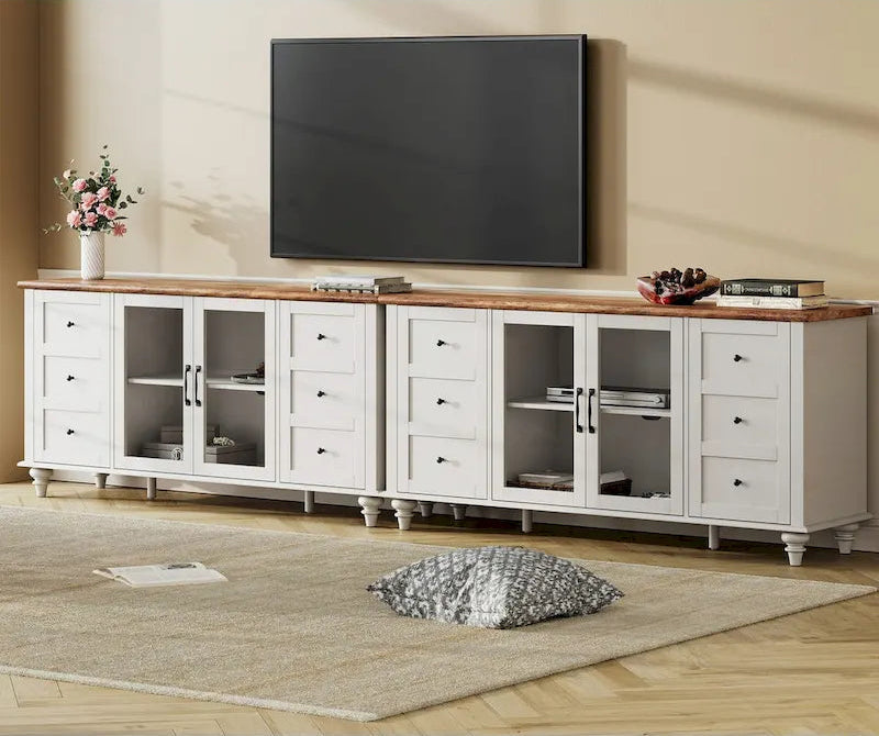 WAMPAT Farmhouse Glass Door TV Stand for up to 110 TVs, Modern Entertainment Center with Storage