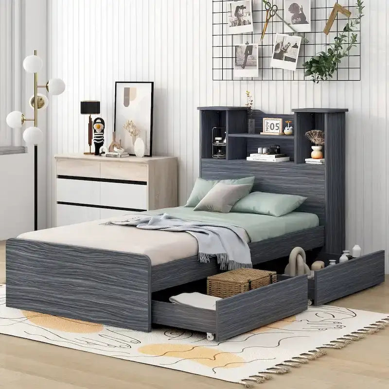 Twin Size Storage Platform Bed Frame with Shelves and Drawers-2