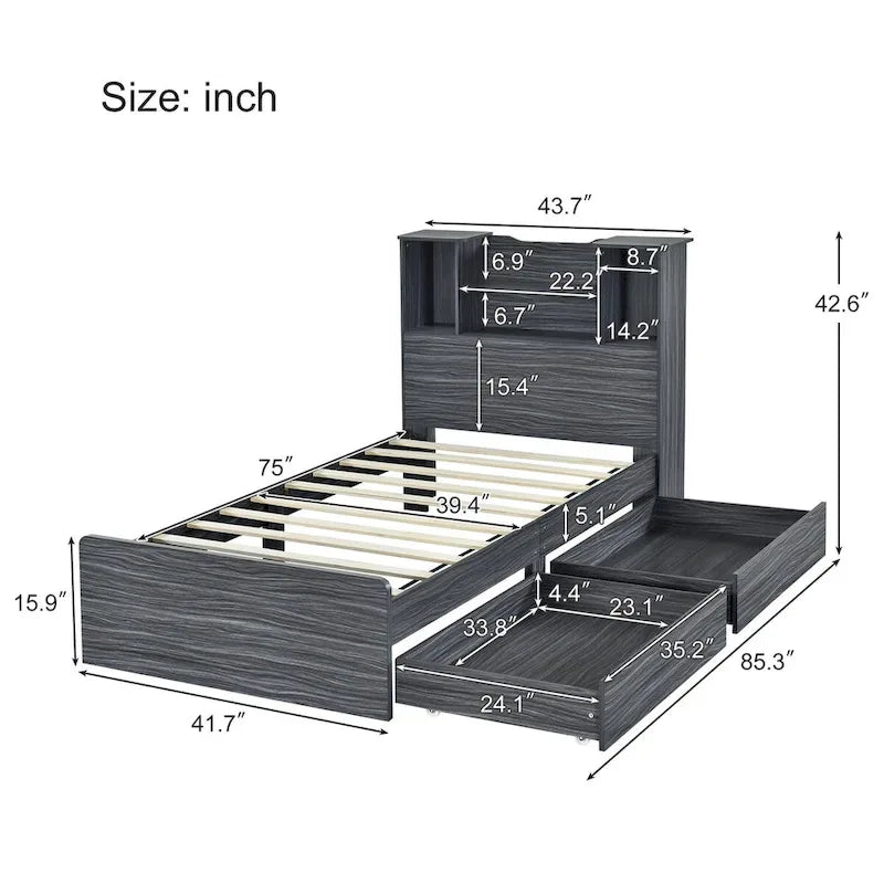 Twin Size Storage Platform Bed Frame with Shelves and Drawers-3