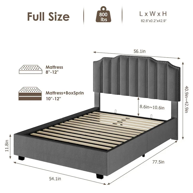 Full Size Velvet Wood Frame Lift Up Platform Bed with Storage-4