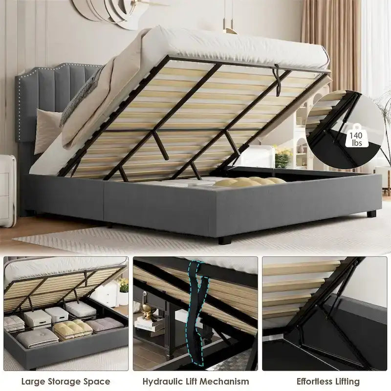 Full Size Velvet Wood Frame Lift Up Platform Bed with Storage-8