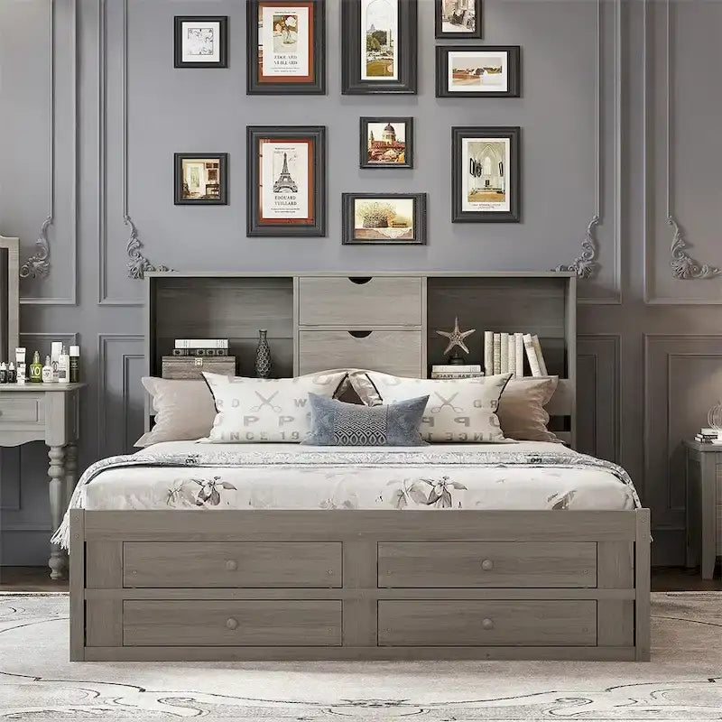 King Size Platform Bed with Storage Headboard and 8 Drawers