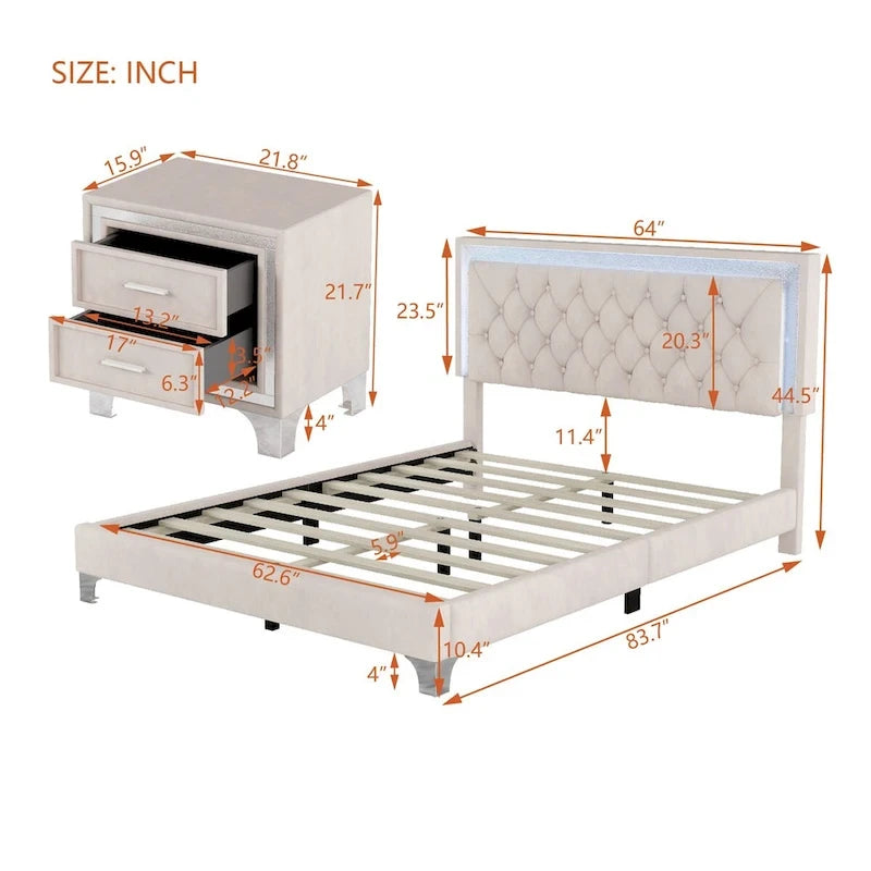 3-Pieces Bedroom Sets with Queen Size Upholstered Platform Bed and Two Nightstands-30