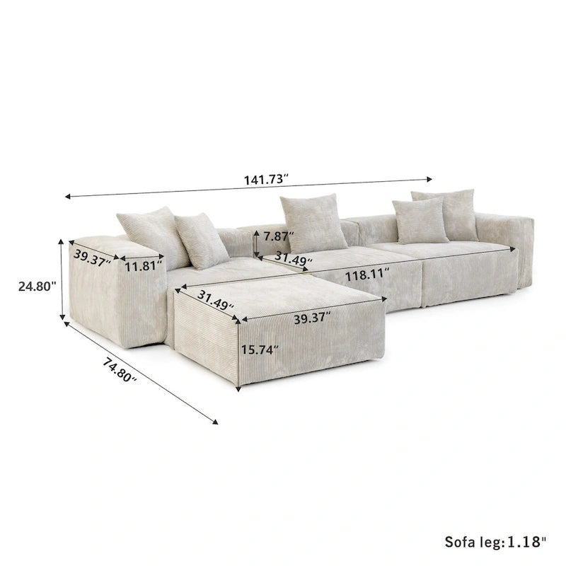 4-Piece L-Shape Sectional Sofa Corduroy Upholstered Couch with Ottoman-4