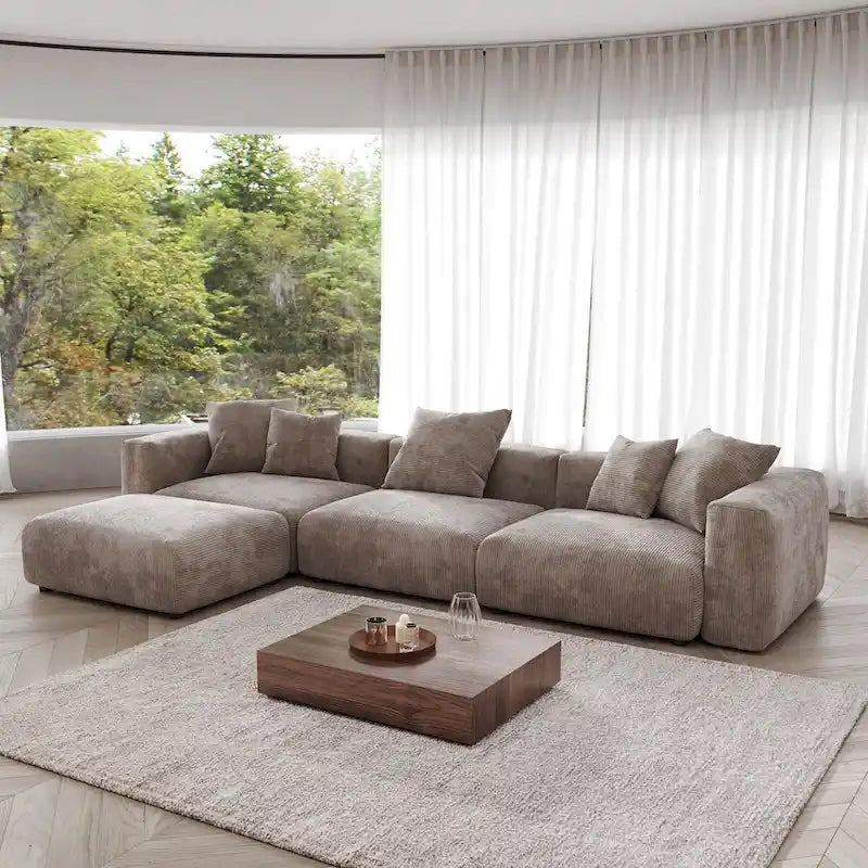 4-Piece L-Shape Sectional Sofa Corduroy Upholstered Couch with Ottoman-10