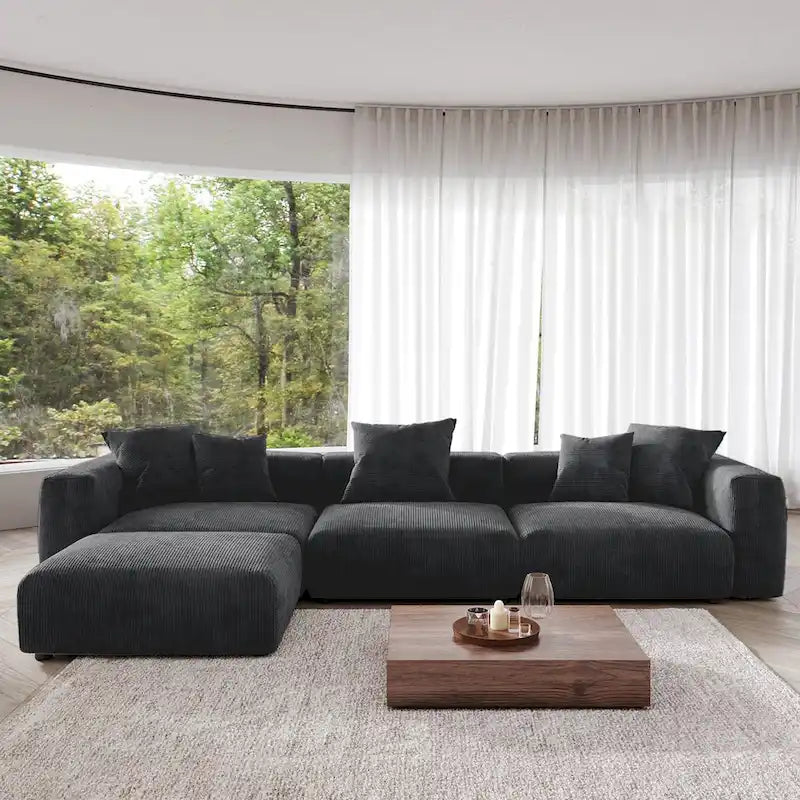 4-Piece L-Shape Sectional Sofa Corduroy Upholstered Couch with Ottoman-16