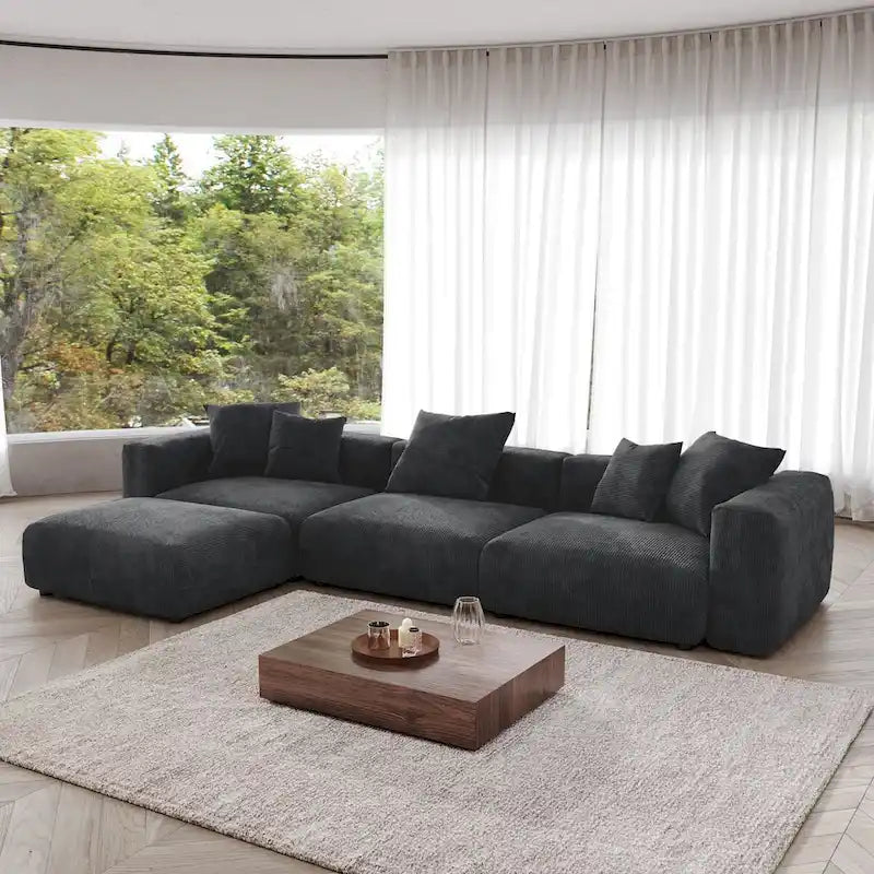 4-Piece L-Shape Sectional Sofa Corduroy Upholstered Couch with Ottoman-17