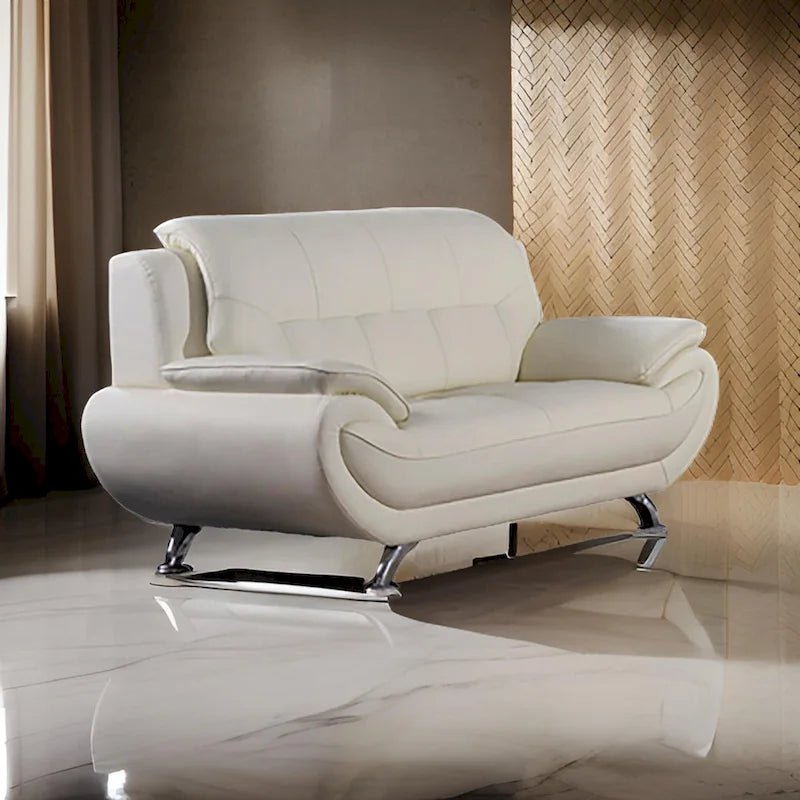 Deni 67 Inch Loveseat, Tufted Ivory Real Leather, Chrome Metal Legs