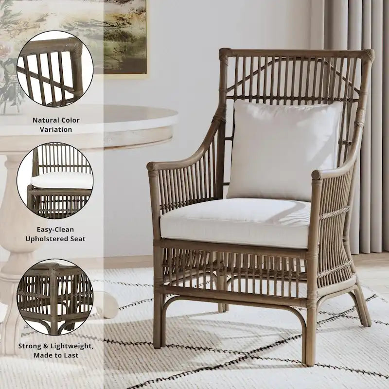Rattan Slat Back Cushioned Arm Dining Accent Chair by East at Main - 24x25.5x39.25-31