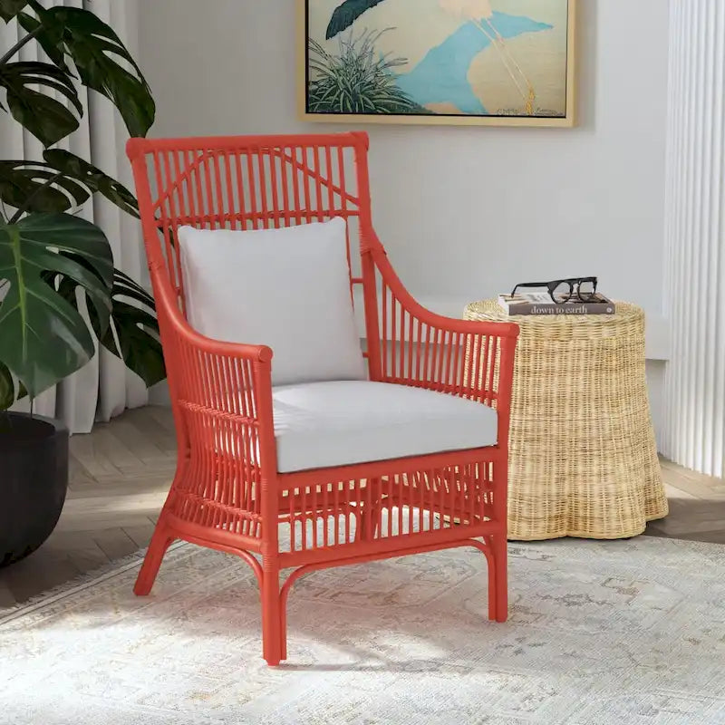 Rattan Slat Back Cushioned Arm Dining Accent Chair by East at Main - 24x25.5x39.25-24