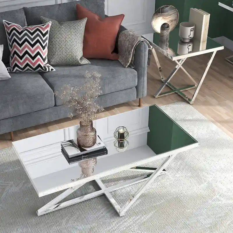 Starrla Glam Chrome Glass Top 2-Piece Coffee Table Set by Furniture of America-2