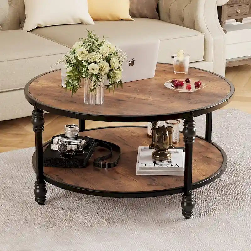 Round Coffee Table for Living Room Rustic Center Table with Storage Shelf-15