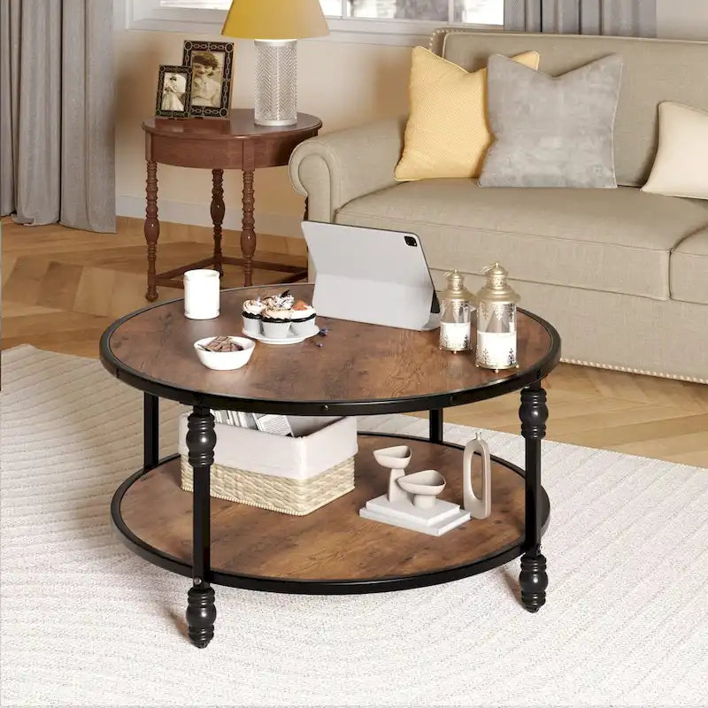 Round Coffee Table for Living Room Rustic Center Table with Storage Shelf-4