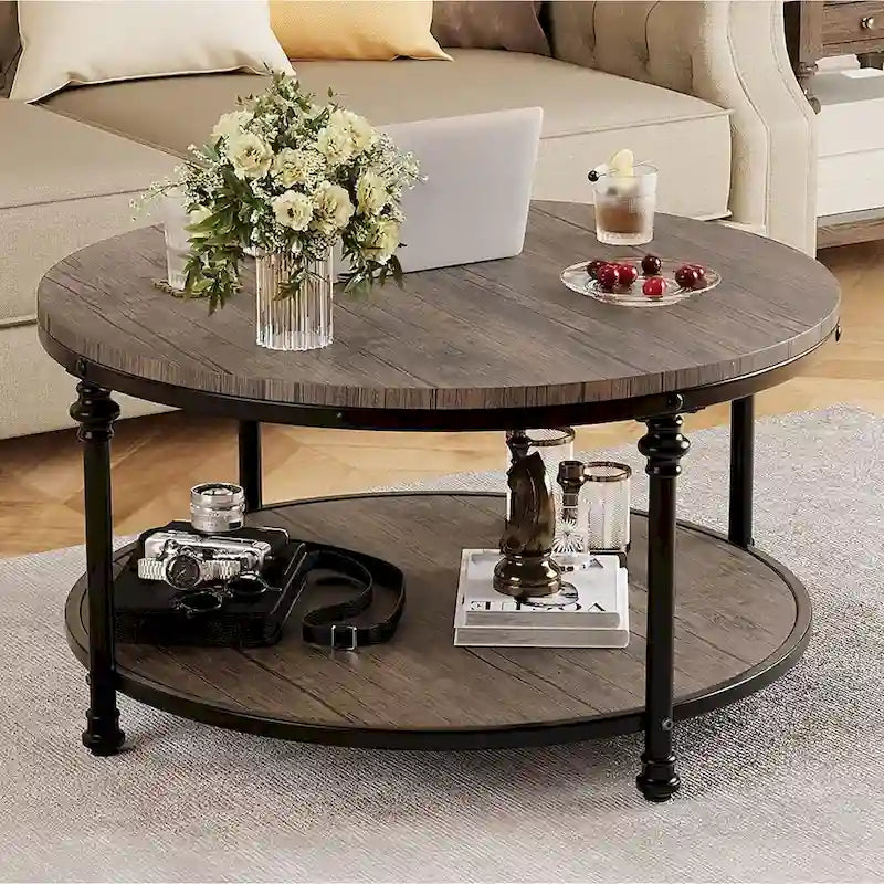 Round Coffee Table for Living Room Rustic Center Table with Storage Shelf-8