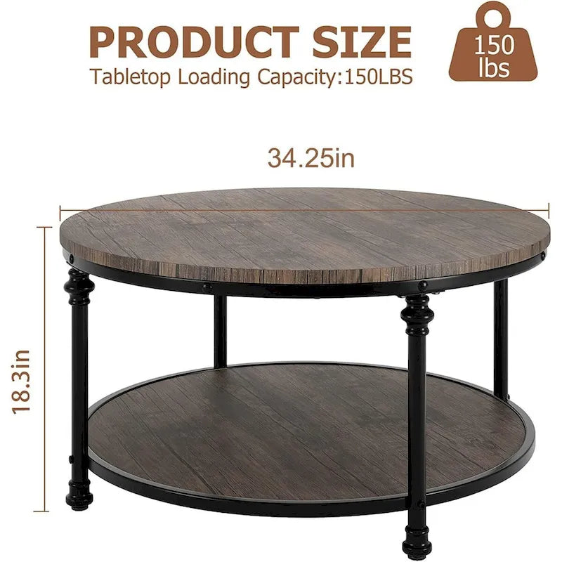 Round Coffee Table for Living Room Rustic Center Table with Storage Shelf-9