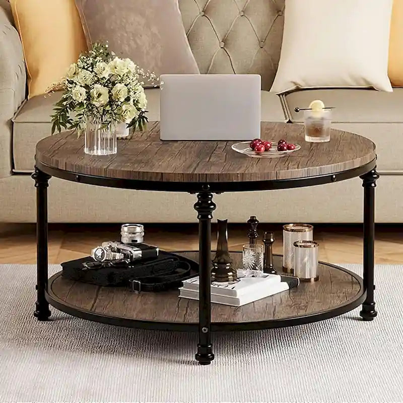 Round Coffee Table for Living Room Rustic Center Table with Storage Shelf-10