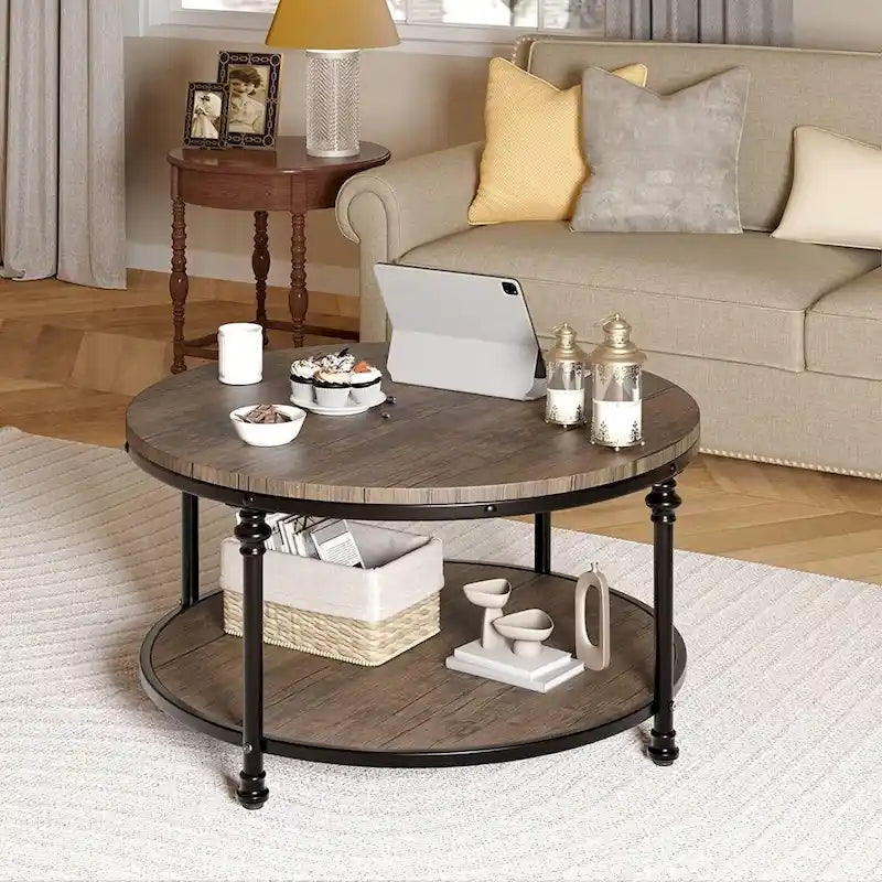 Round Coffee Table for Living Room Rustic Center Table with Storage Shelf-11