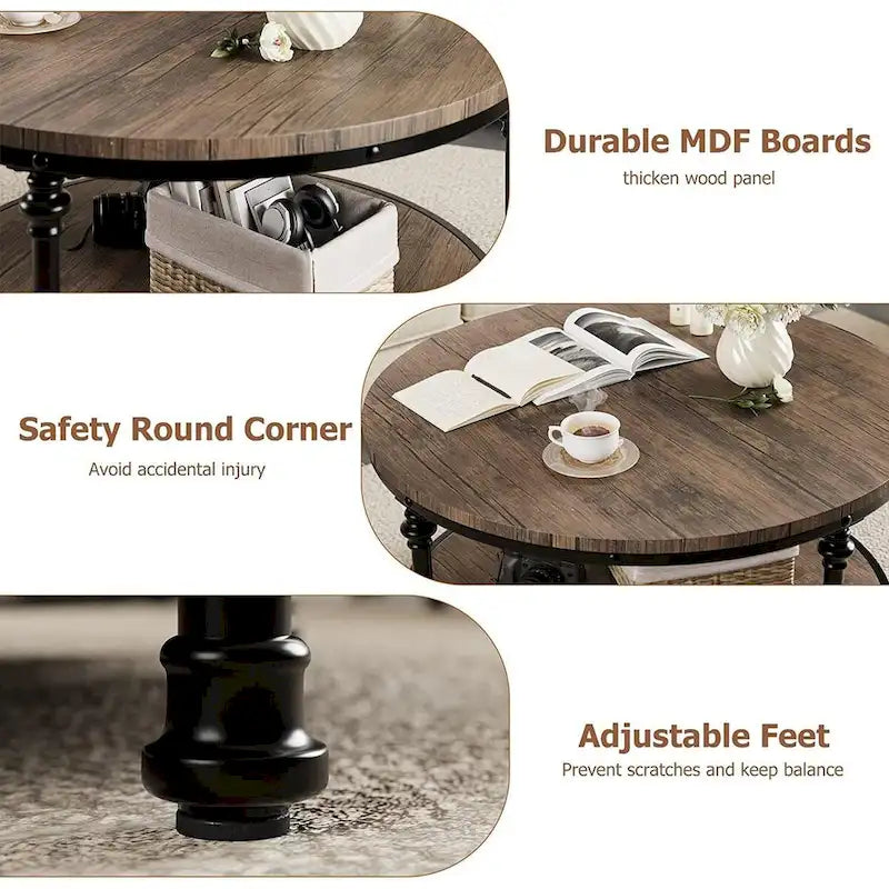 Round Coffee Table for Living Room Rustic Center Table with Storage Shelf-12